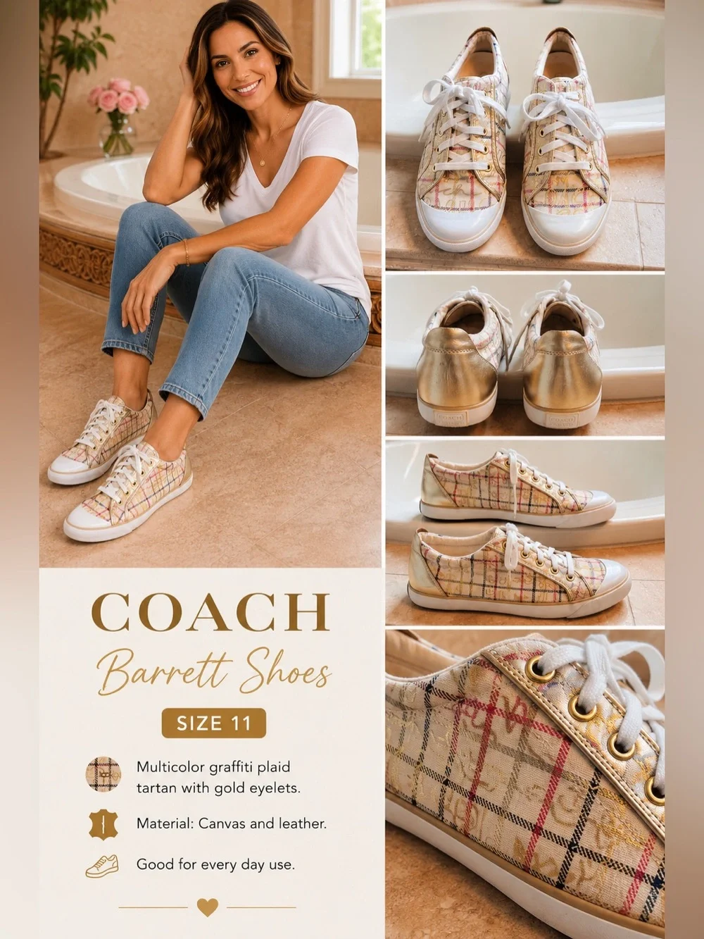 Coach Multicolor Plaid Barrett Sneakers with Gold Accents - Size 11